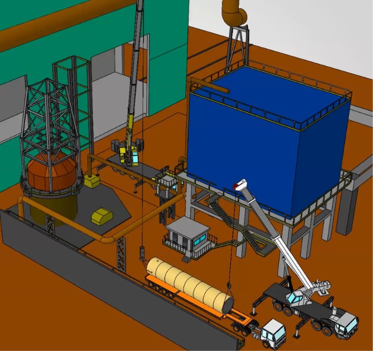 Estudo 3D de içamento industrial com guindastes e transporte de carga